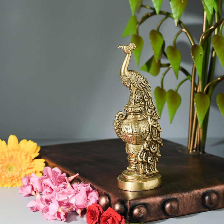 Medium Brass Pedestal Peacock Figurine