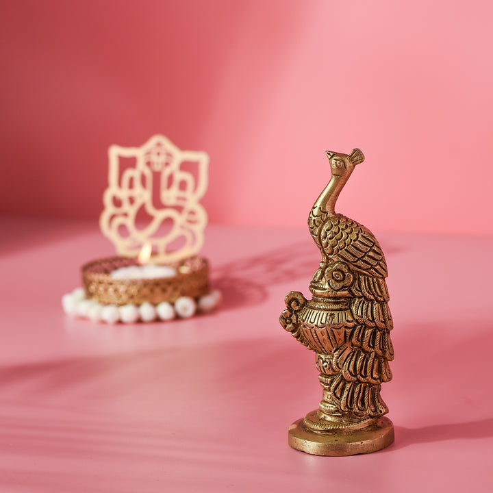 Small Brass Pedestal Peacock Figurine