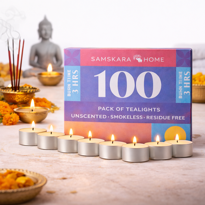 Samskara Wax Tealight Candles, 3-Hour Burn Time, Smokeless, No Residue (Set of 100, Unscented)