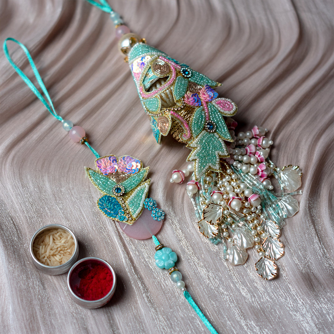 Rose Quartz & Pankhuri Rakhi Combo with Free Roll-On Perfume