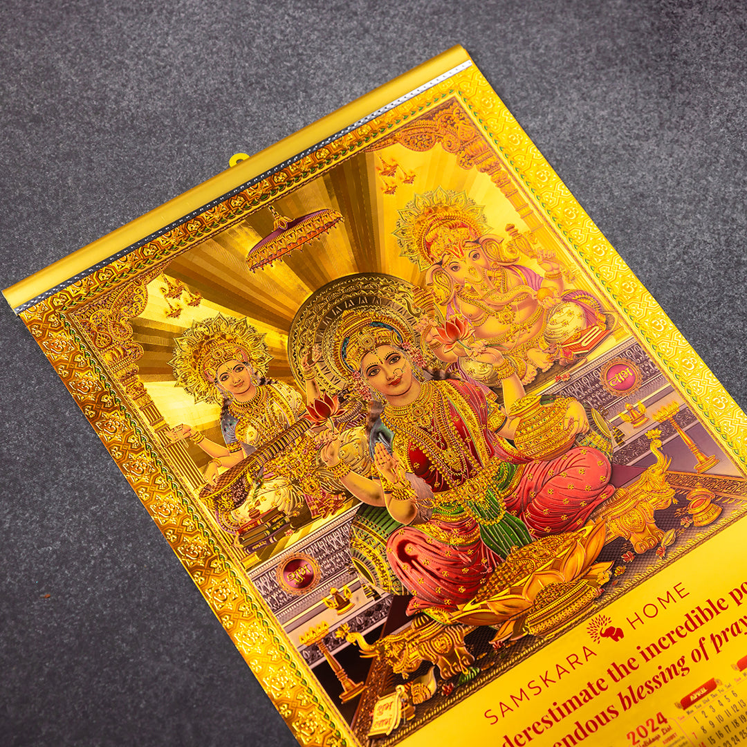 Lakshmi, Saraswati & Ganesh Samskara Home Golden Gods Calendar 2024