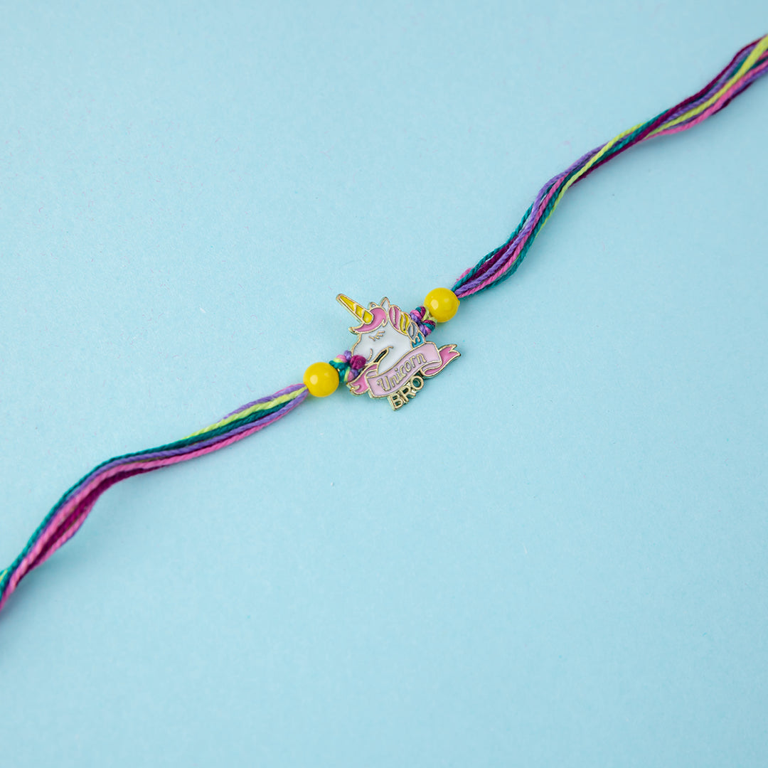 Krishna Plush Toy & Unicorn Bro Rakhi Gift Combo with Free Cadbury Celebrations