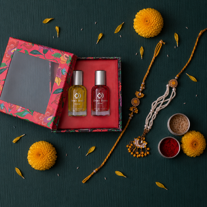 Premium Perfume Duo Set of 2 with Pitambari Bhaiya Bhabhi Rakhi | Rakhi Gift Hamper for Brother & Bhabhi