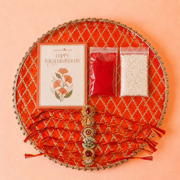 Embellished Orange Puja Thali & Designer Rakhi Set Combo