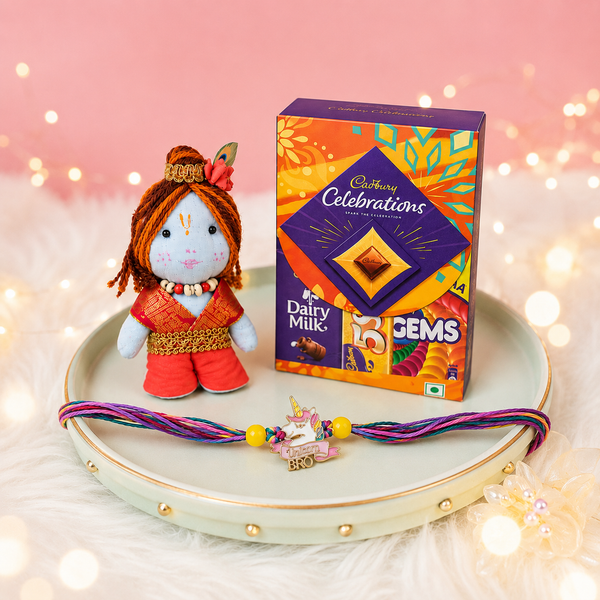 Krishna Plush Toy & Unicorn Bro Rakhi Gift Combo with Free Cadbury Celebrations