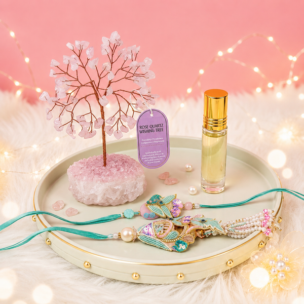 Rose Quartz & Pankhuri Rakhi Combo with Free Roll-On Perfume