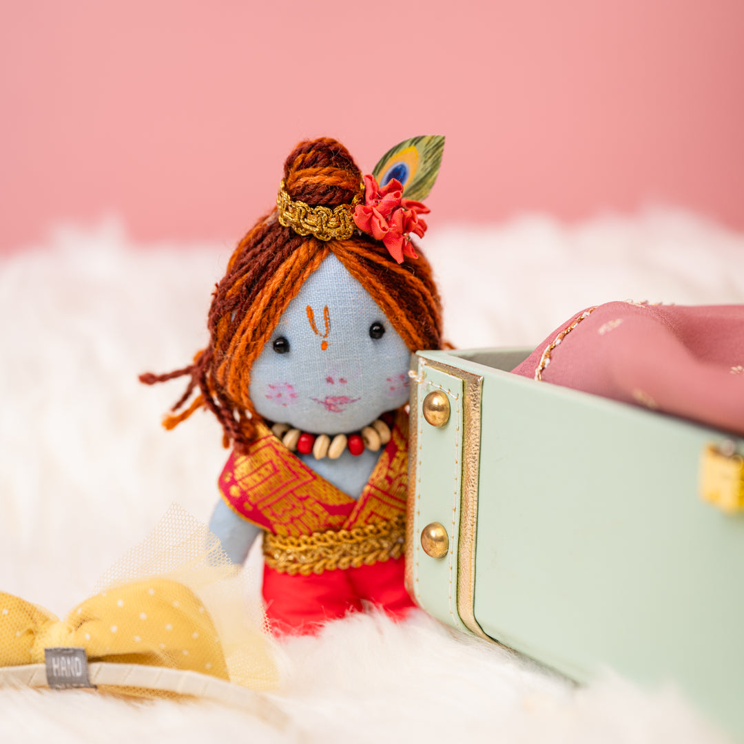 Krishna Plush Toy & Unicorn Bro Rakhi Gift Combo with Free Cadbury Celebrations