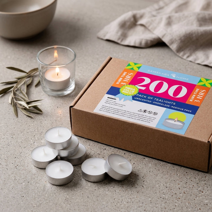 Samskara Wax Tealight Candles, 3-Hour Burn Time, Smokeless, No Residue (Set of 200, Unscented)