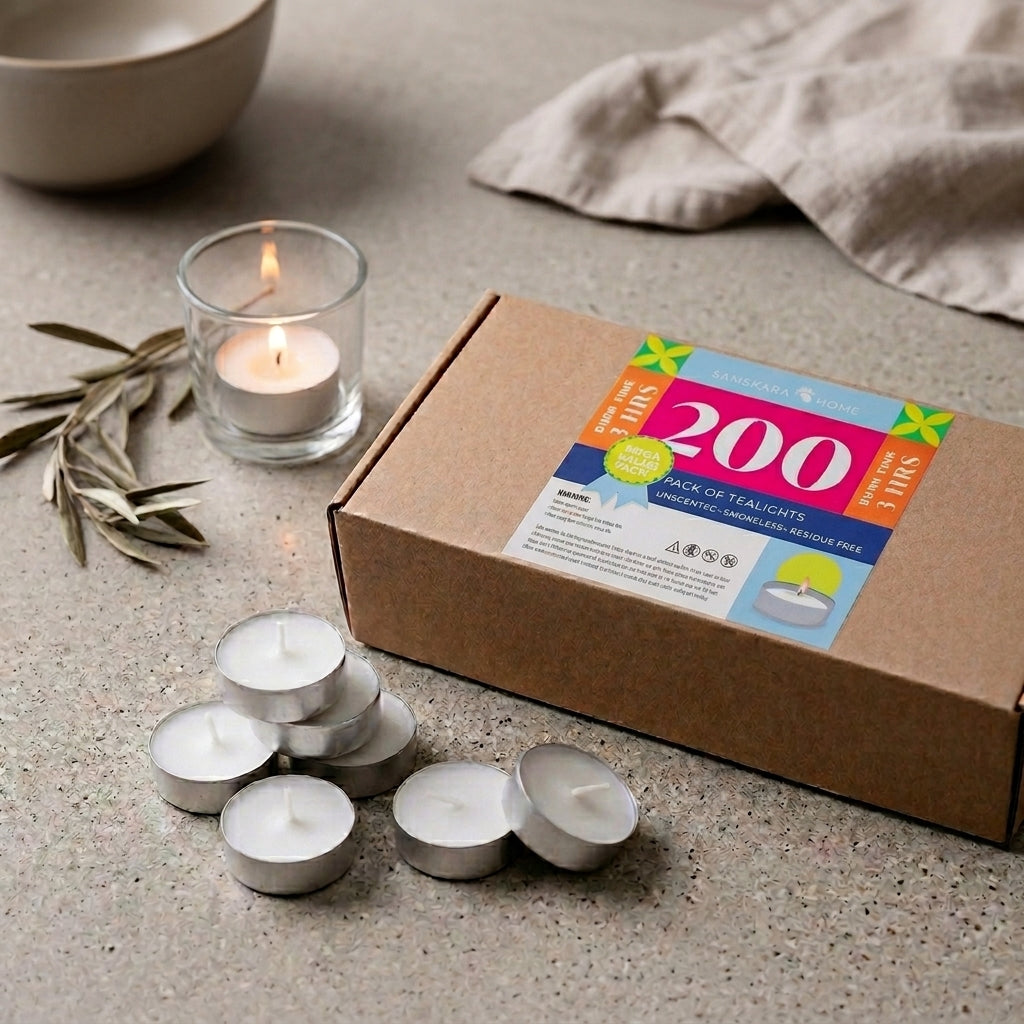 Samskara Wax Tealight Candles, 3-Hour Burn Time, Smokeless, No Residue (Set of 200, Unscented)