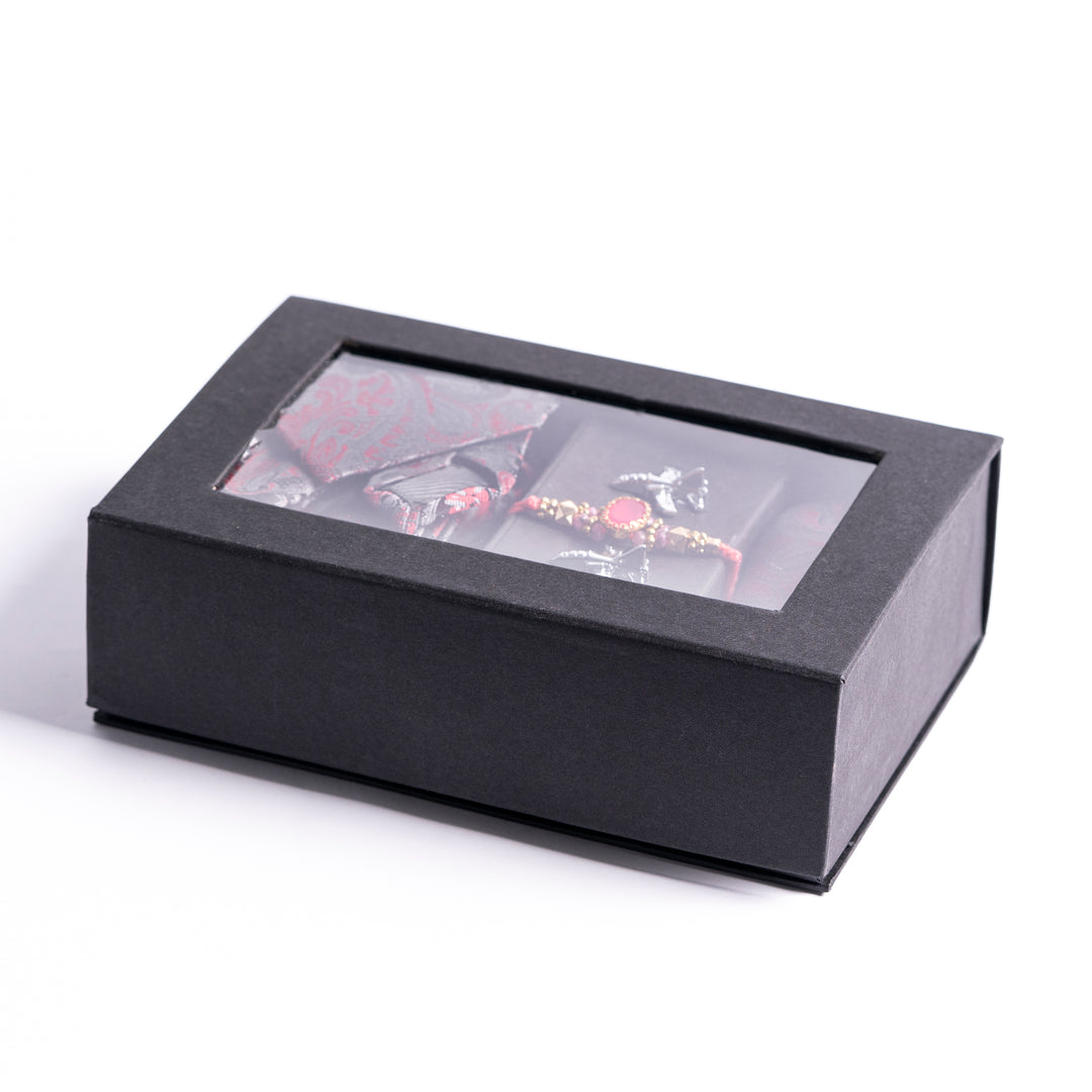 Red and Grey Rakhi Gift Set with Tie Accessories