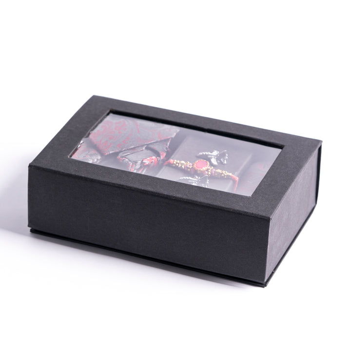 Red and Grey Rakhi Gift Set with Tie Accessories