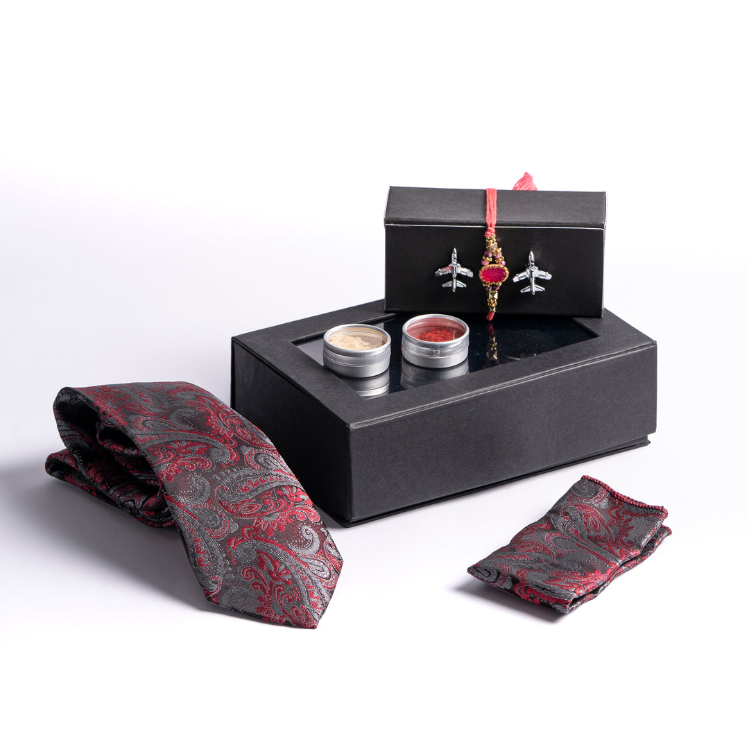 Red and Grey Rakhi Gift Set with Tie Accessories