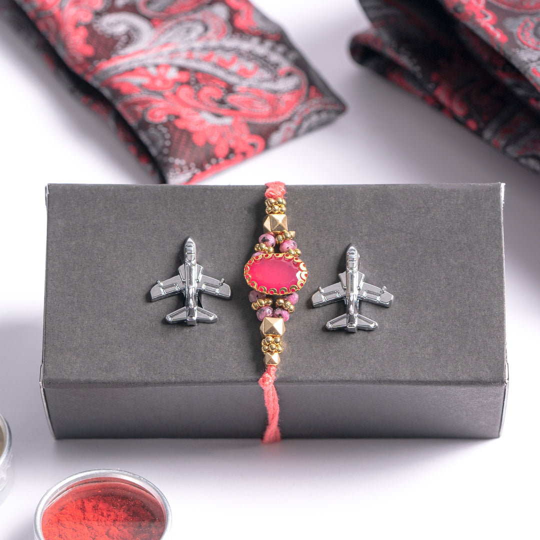 Red and Grey Rakhi Gift Set with Tie Accessories
