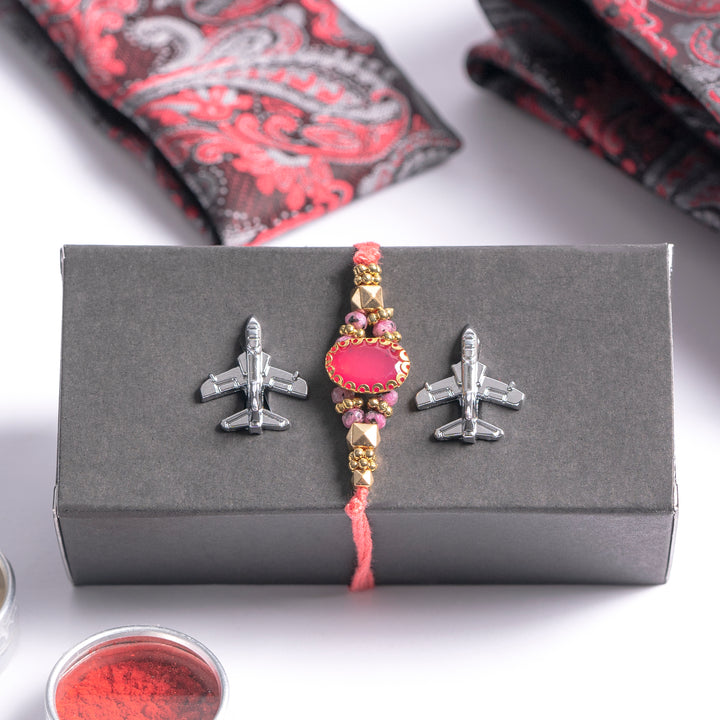 Red and Grey Rakhi Gift Set with Tie Accessories