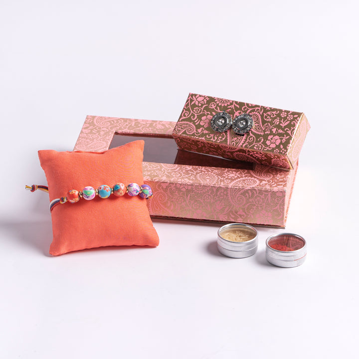 Floral Beaded Rakhi with Cufflinks Gift Set