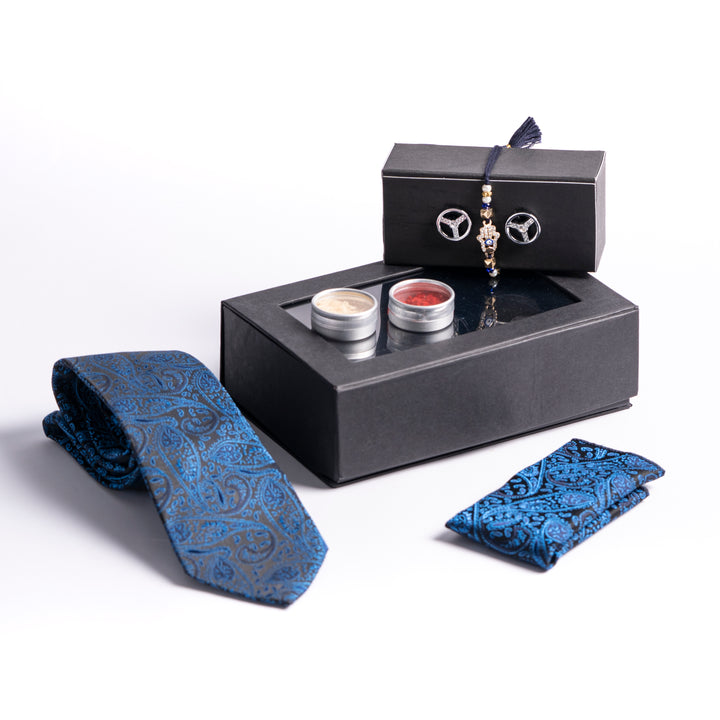 Blue-Black Rakhi with Men's Accessories Gift Set