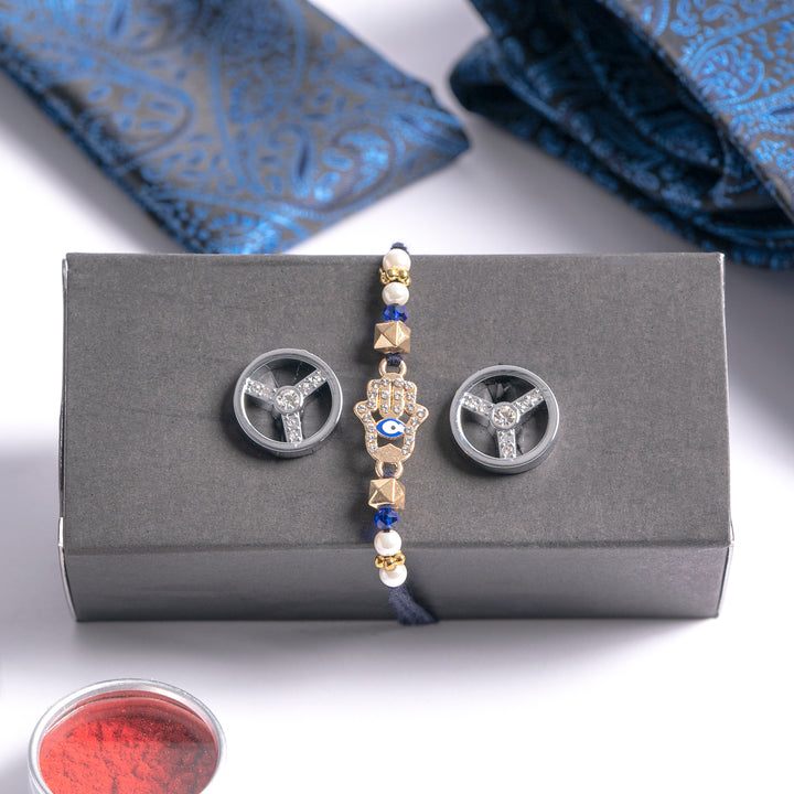 Blue-Black Rakhi with Men's Accessories Gift Set