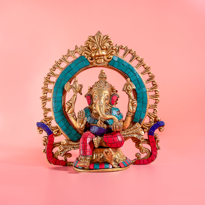 Ornate Ganapati On Throne Brass Idol